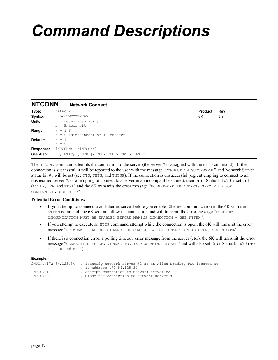 Command descriptions, Ntconnnetwork connect, Ntconn network connect | Ntconn | Parker Hannifin GEM6K User Manual | Page 21 / 47