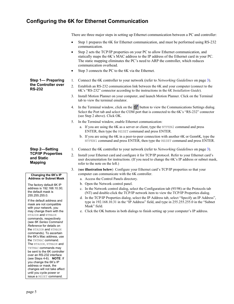 Configuring the 6k for ethernet communication, Step 1— preparing the controller over rs-232, Step 2—setting tcp/ip properties and static mappi | Parker Hannifin GEM6K User Manual | Page 9 / 47
