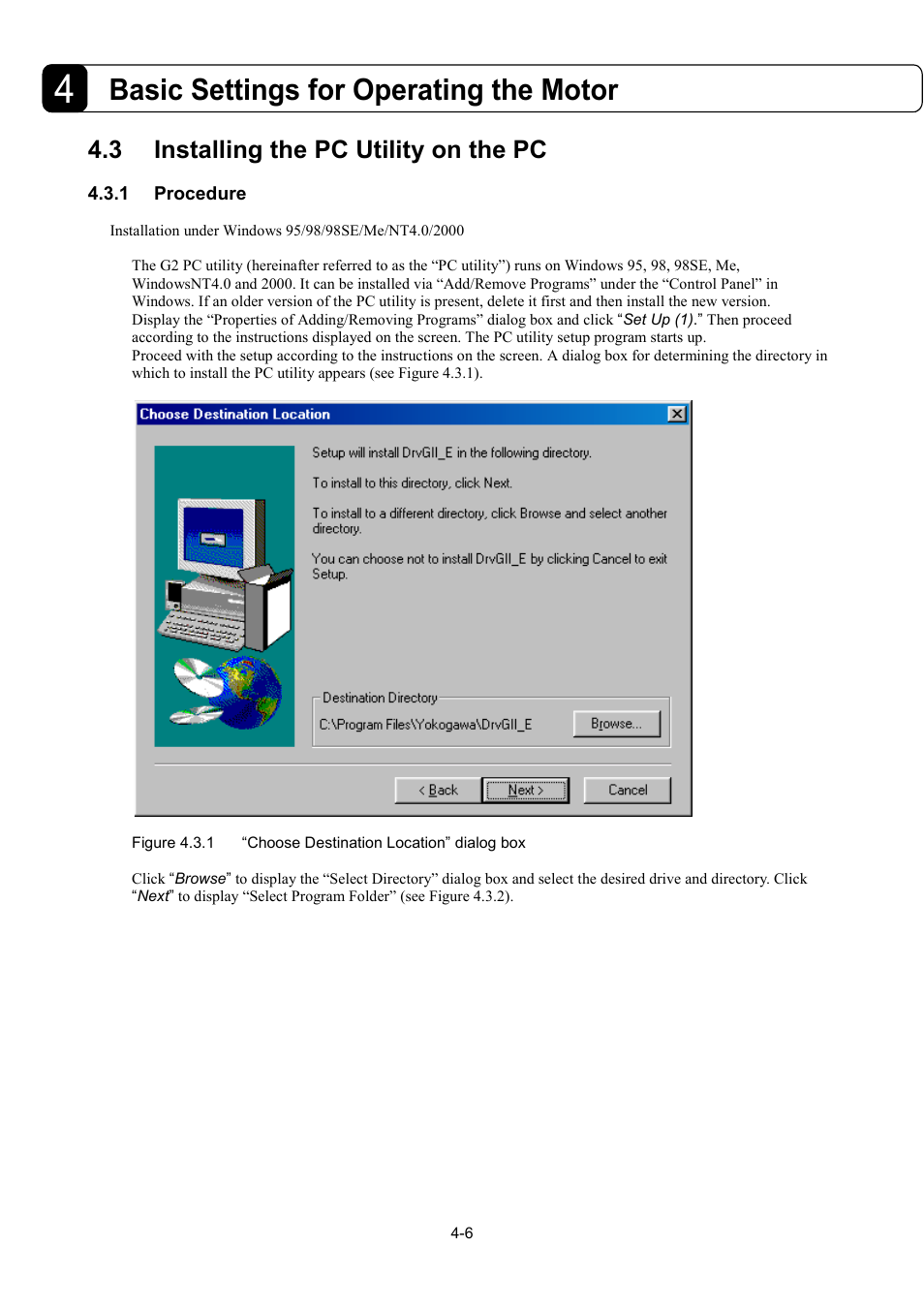 3installing the pc utility on the pc, 1procedure, Basic settings for operating the motor | 3 installing the pc utility on the pc | Parker Hannifin Dynaserv G2 User Manual | Page 41 / 189