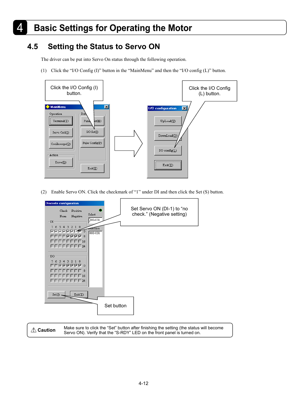 5setting the status to servo on, Basic settings for operating the motor, 5 setting the status to servo on | Parker Hannifin Dynaserv G2 User Manual | Page 47 / 189