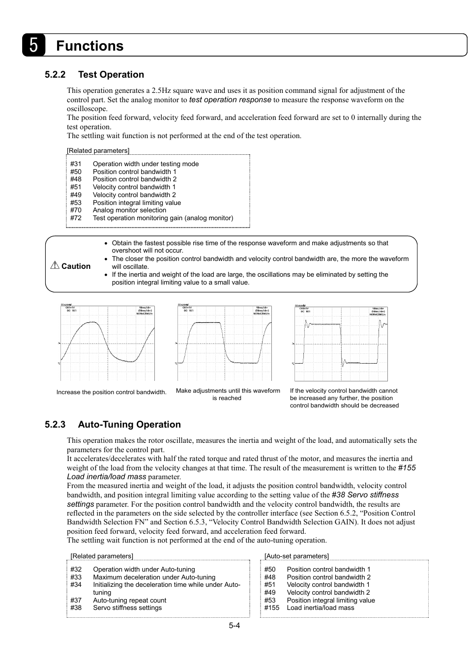 Functions, 2 test operation, 3 auto-tuning operation | Parker Hannifin Dynaserv G2 User Manual | Page 58 / 189