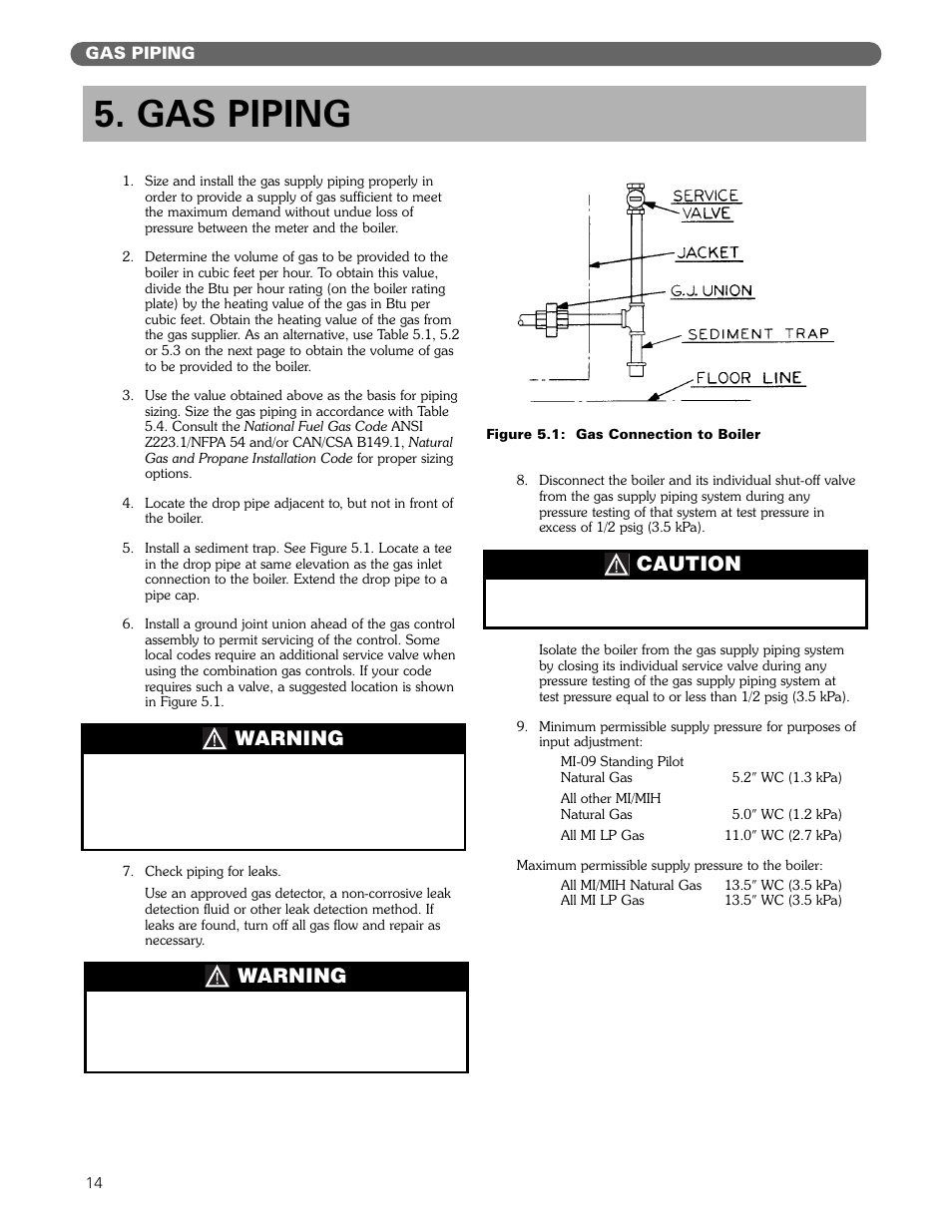 Gas piping, Warning, Caution | PB Heat MIH User Manual | Page 16 / 43