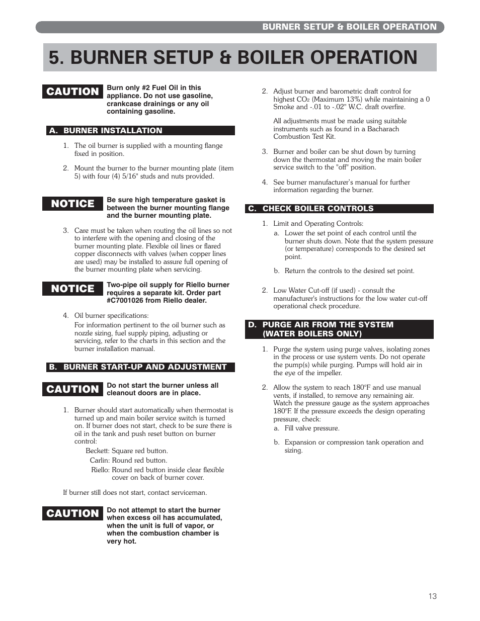 Burner setup & boiler operation, Caution, Notice | PB Heat WV Series User Manual | Page 15 / 26