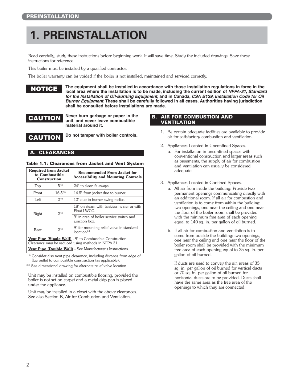 Preinstallation, Notice, Caution | PB Heat WV Series User Manual | Page 4 / 26