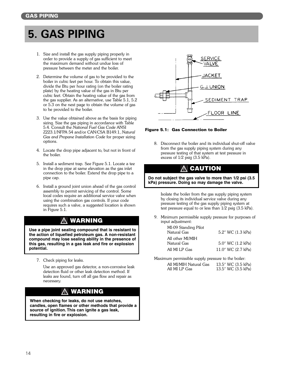 Gas piping, Warning, Caution | PB Heat MI/MIH series User Manual | Page 16 / 43