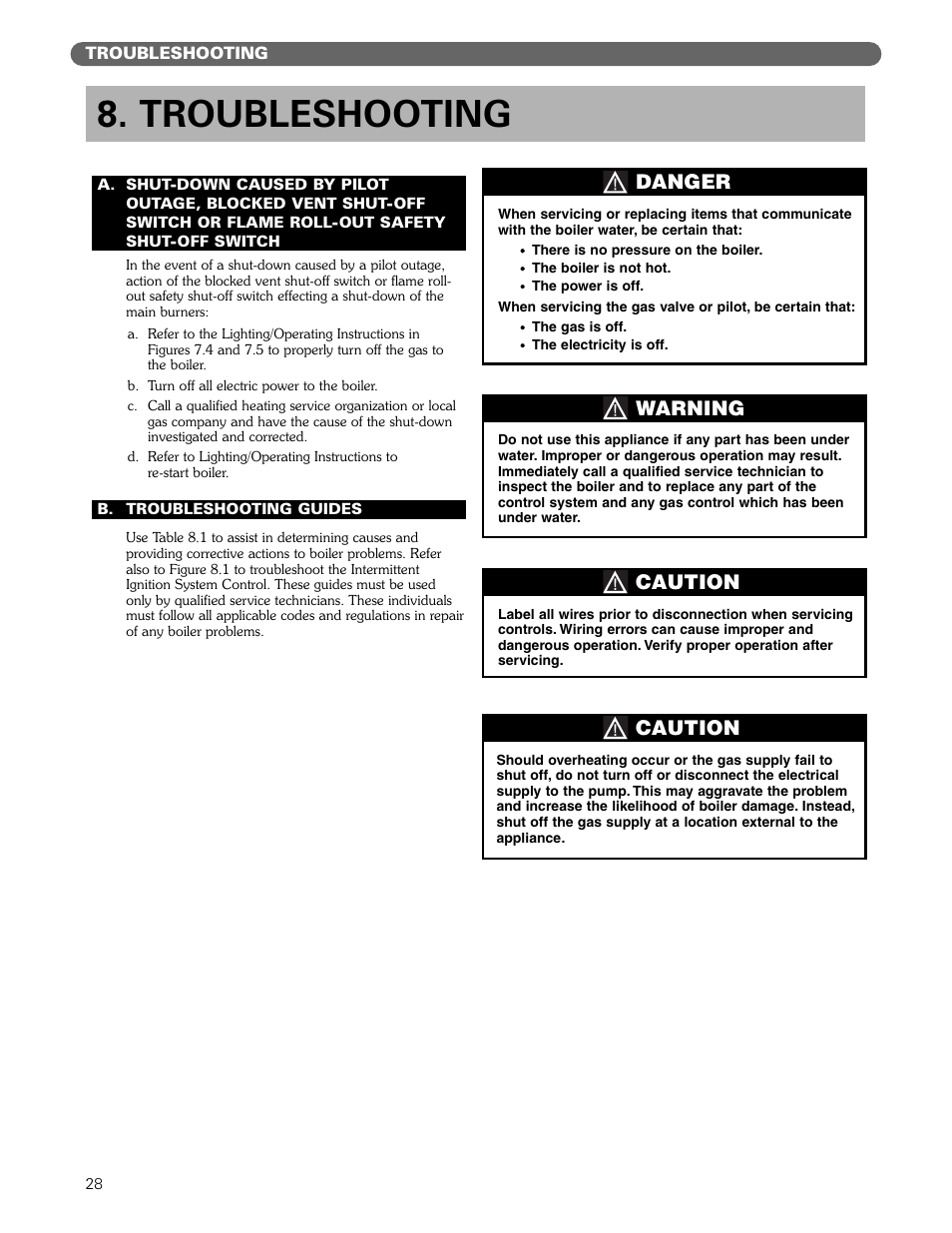 Caution, Warning, Danger | Troubleshooting | PB Heat MI/MIH series User Manual | Page 30 / 43