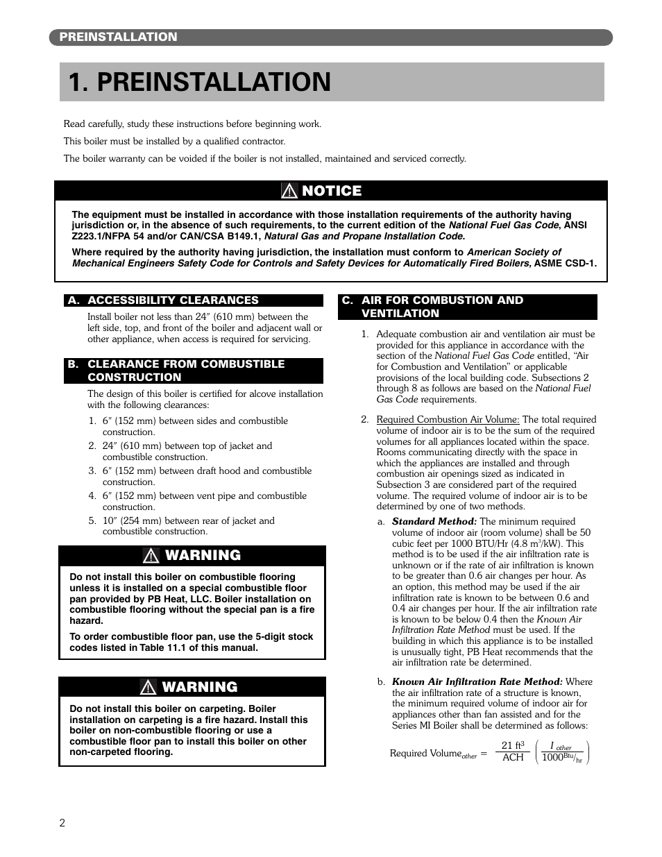 Preinstallation, Notice, Warning | PB Heat MI/MIH series User Manual | Page 4 / 43