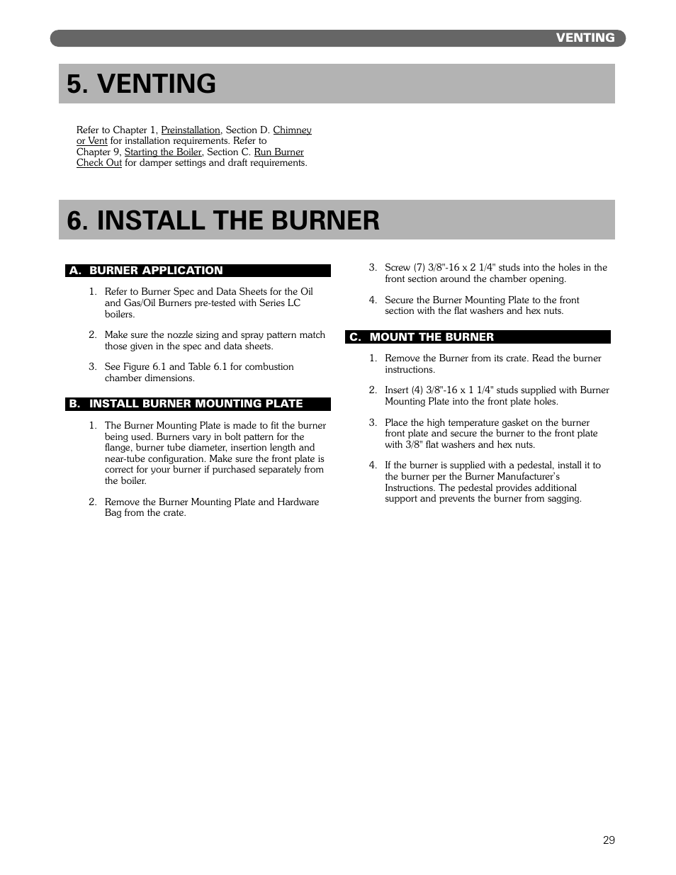 Venting, Install the burner | PB Heat Gas/Oil Boilers User Manual | Page 31 / 55