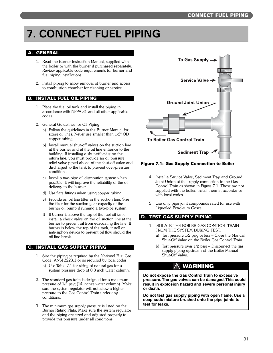 Connect fuel piping, Warning | PB Heat Gas/Oil Boilers User Manual | Page 33 / 55