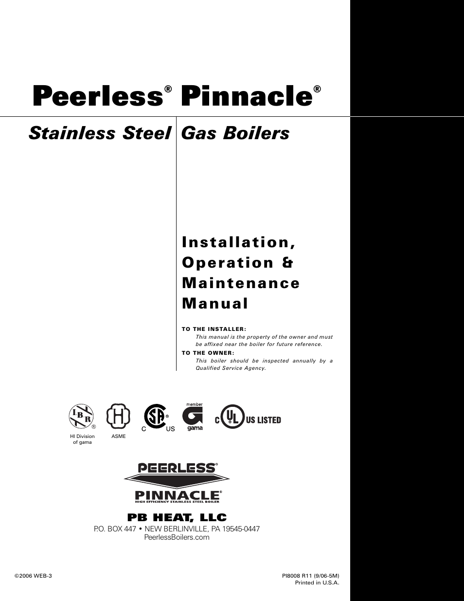 Pinnacle, Peerless, Gas boilers | Stainless steel | PB Heat Gas Boiler User Manual | Page 47 / 47