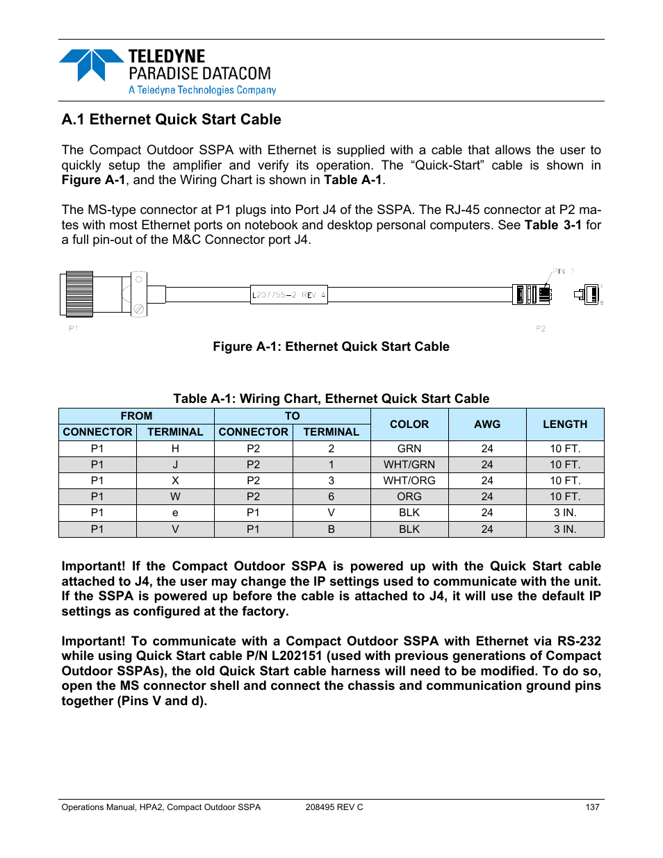 Appendix a: quick start cable, A.1 ethernet quick start cable | Paradise 205486 REV F User Manual | Page 137 / 142