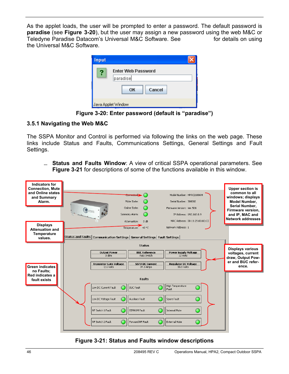 Figure 3-21: status and faults window descriptions | Paradise 205486 REV F User Manual | Page 46 / 142