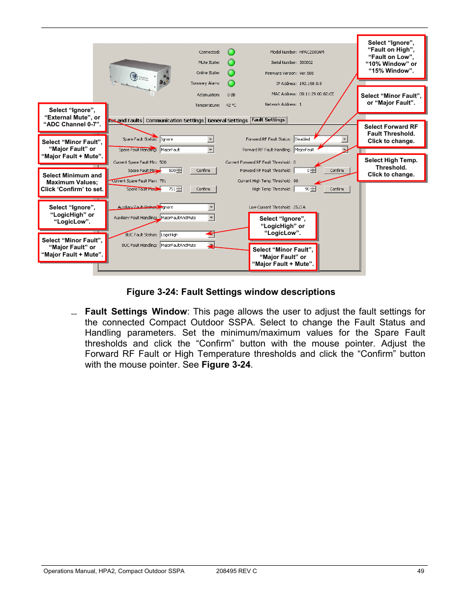Figure 3-24: fault settings window descriptions | Paradise 205486 REV F User Manual | Page 49 / 142