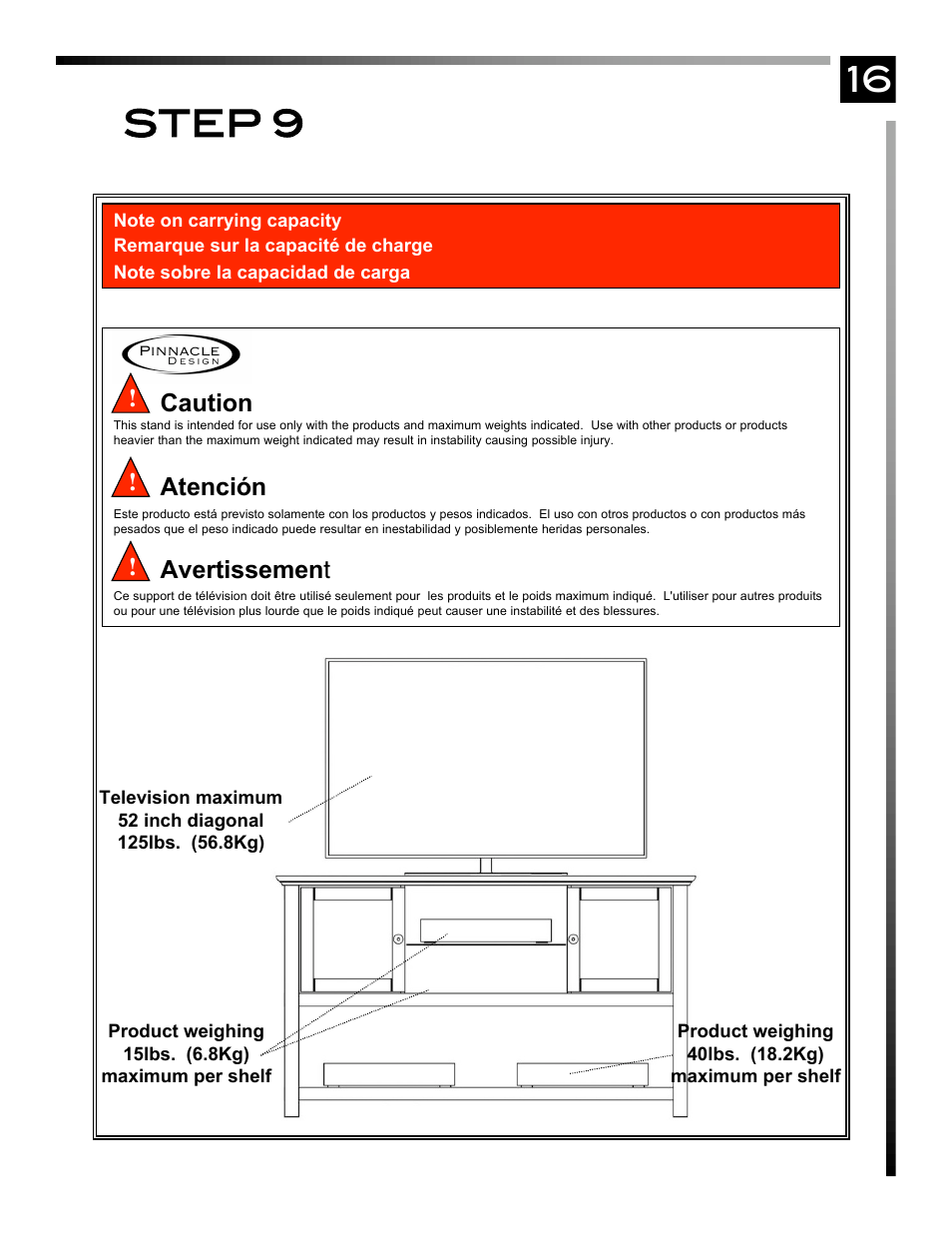 Step 9, Atención avertissemen t caution | Pinnacle Design TV63003 User Manual | Page 17 / 17