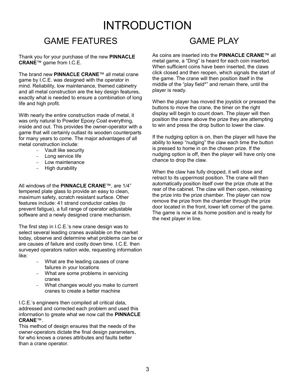 Introduction, Game features, Game play | Pinnacle Speakers Crane WH6-120-6 User Manual | Page 3 / 40