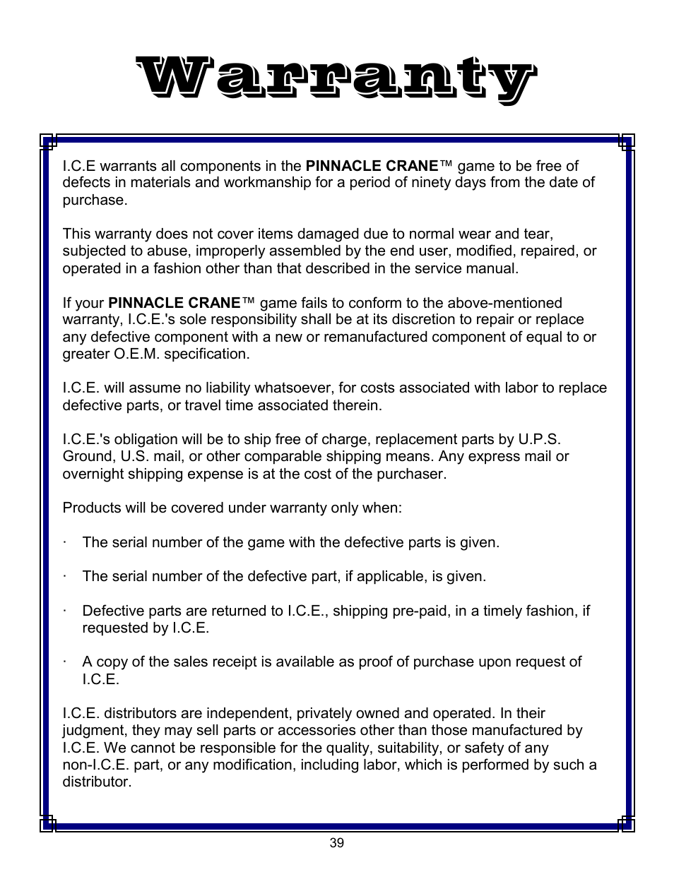 Warranty | Pinnacle Speakers Crane WH6-120-6 User Manual | Page 39 / 40
