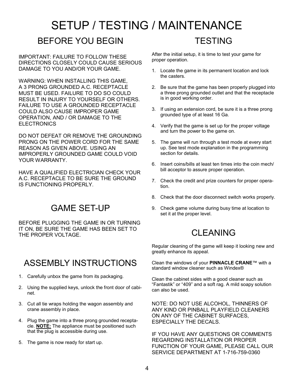 Setup / testing / maintenance, Before you begin, Game set-up | Assembly instructions, Testing, Cleaning | Pinnacle Speakers Crane WH6-120-6 User Manual | Page 4 / 40