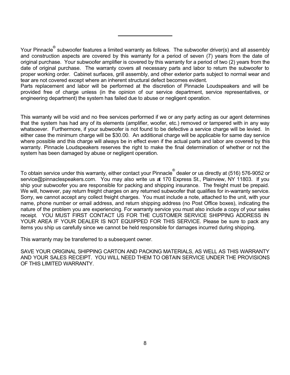 Warranty | Pinnacle Speakers 3 User Manual | Page 13 / 17