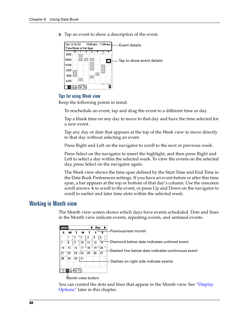 Tips for using week view, Working in month view | Palm Tungsten W User Manual | Page 102 / 428