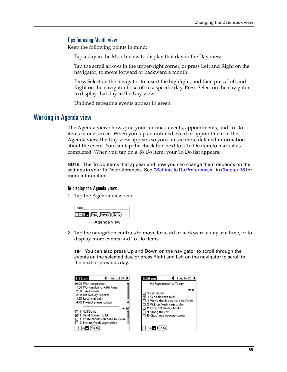 Tips for using month view, Working in agenda view | Palm Tungsten W User Manual | Page 103 / 428