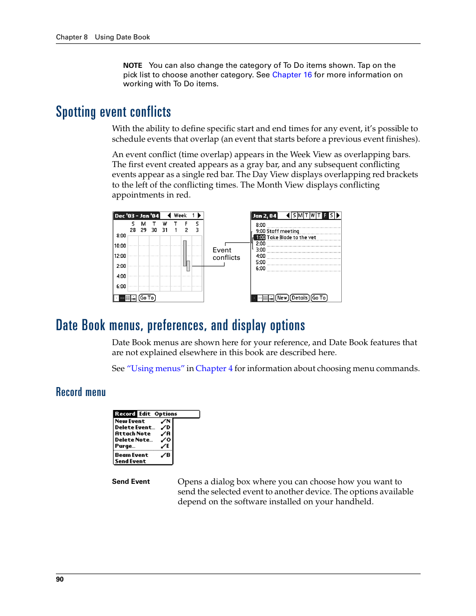 Spotting event conflicts, Date book menus, preferences, and display options, Record menu | Palm Tungsten W User Manual | Page 104 / 428