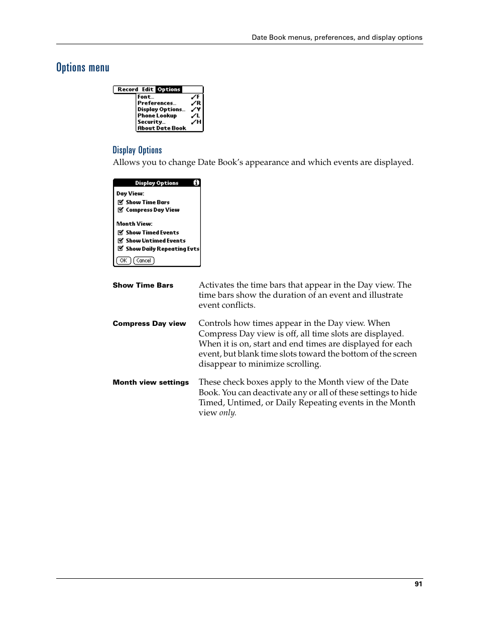 Options menu, Display options, Display | Options | Palm Tungsten W User Manual | Page 105 / 428