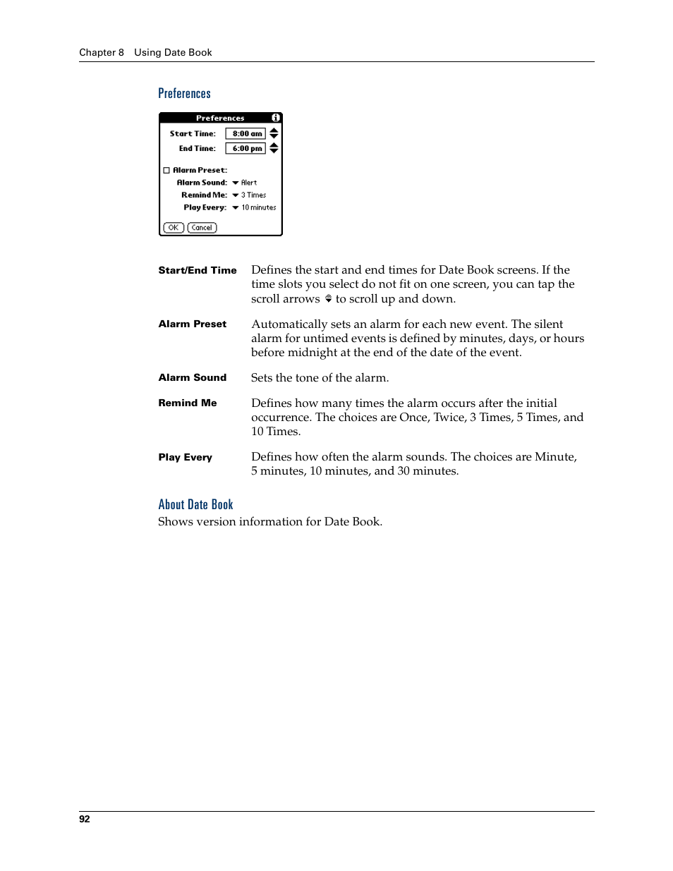 Preferences, About date book, Preferences about date book | Palm Tungsten W User Manual | Page 106 / 428