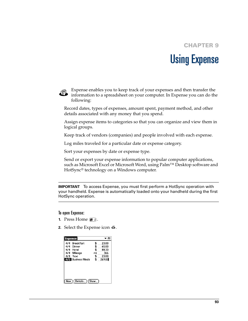 Using expense, Chapter 9: using expense, Chapter 9 | Palm Tungsten W User Manual | Page 107 / 428