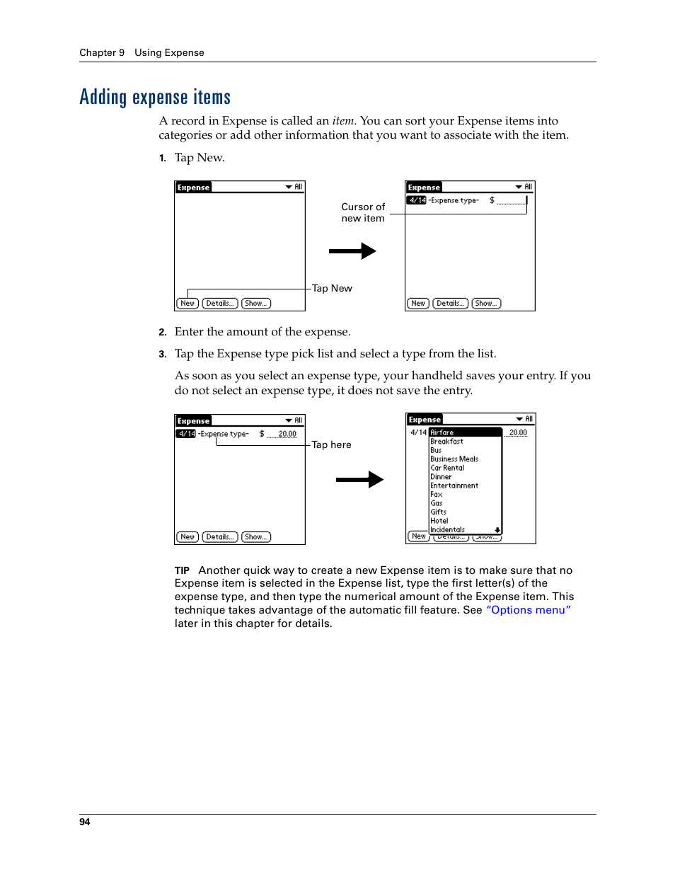 Adding expense items | Palm Tungsten W User Manual | Page 108 / 428