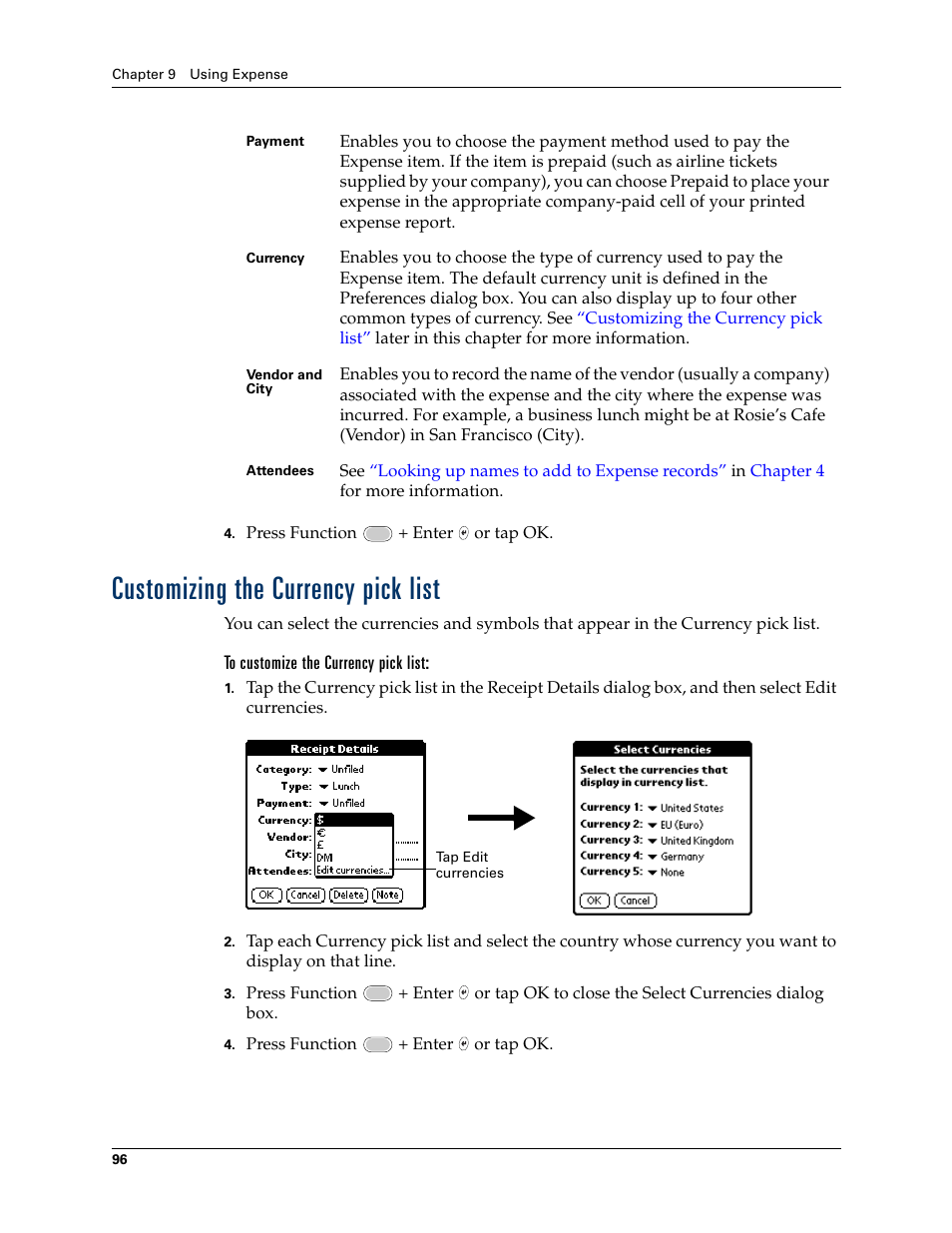 Customizing the currency pick list | Palm Tungsten W User Manual | Page 110 / 428