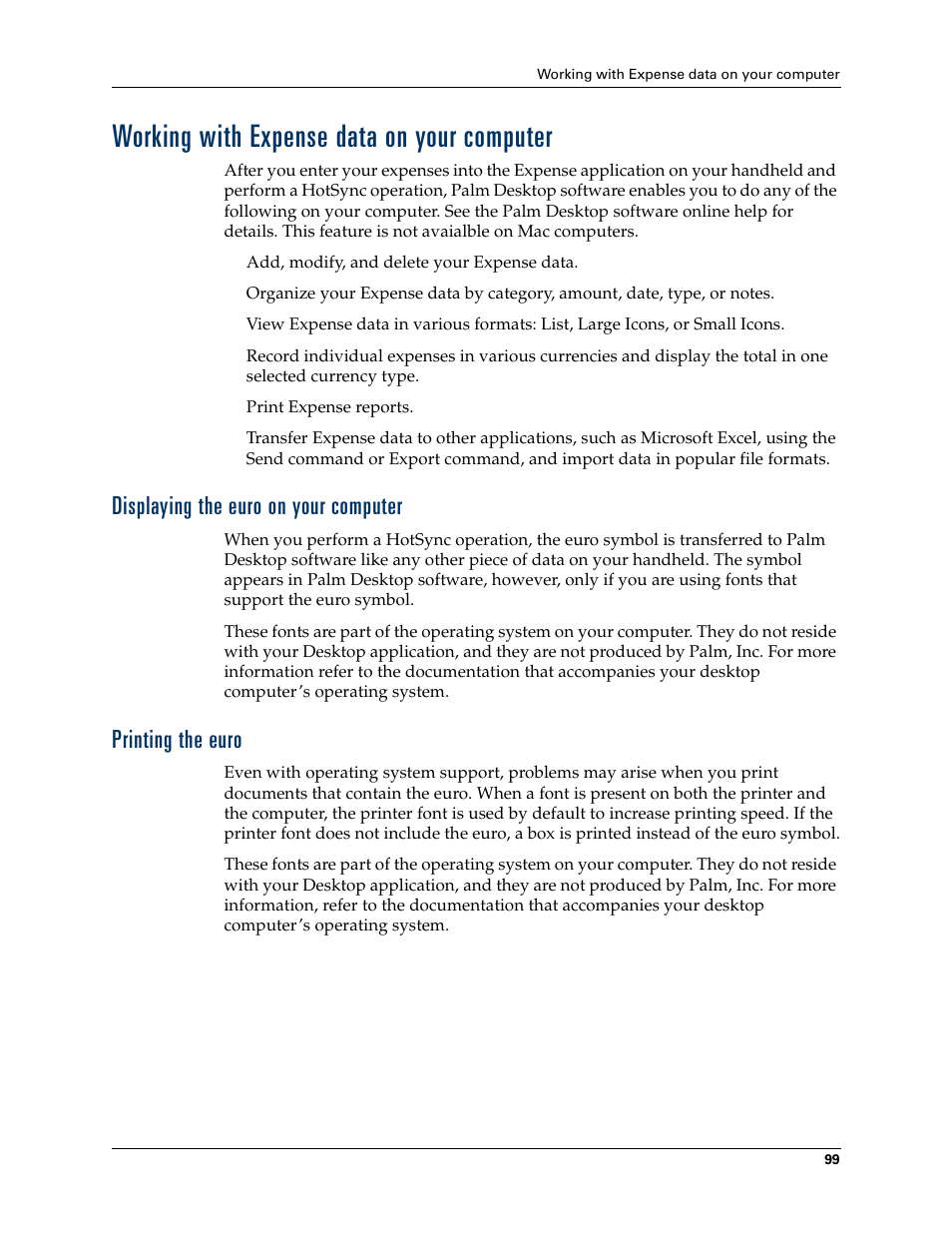 Working with expense data on your computer, Displaying the euro on your computer, Printing the euro | Palm Tungsten W User Manual | Page 113 / 428