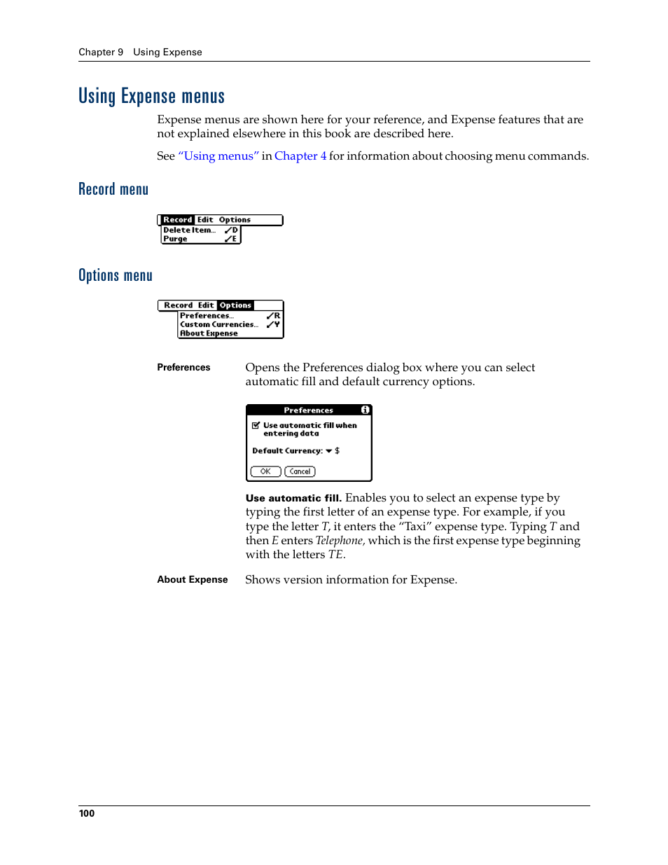 Using expense menus, Record menu, Options menu | Record menu options menu | Palm Tungsten W User Manual | Page 114 / 428