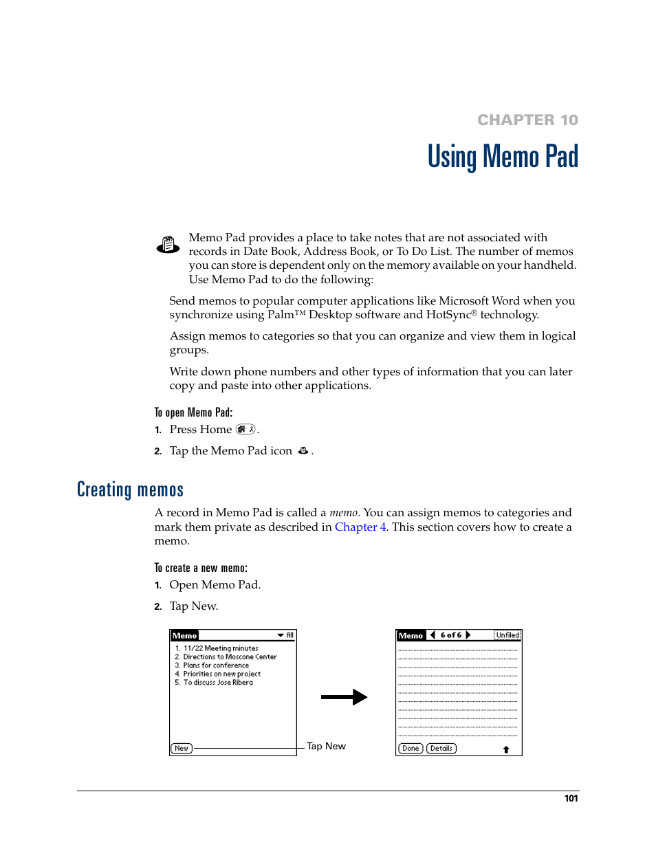 Using memo pad, Creating memos, Chapter 10: using memo pad | Chapter 10 | Palm Tungsten W User Manual | Page 115 / 428