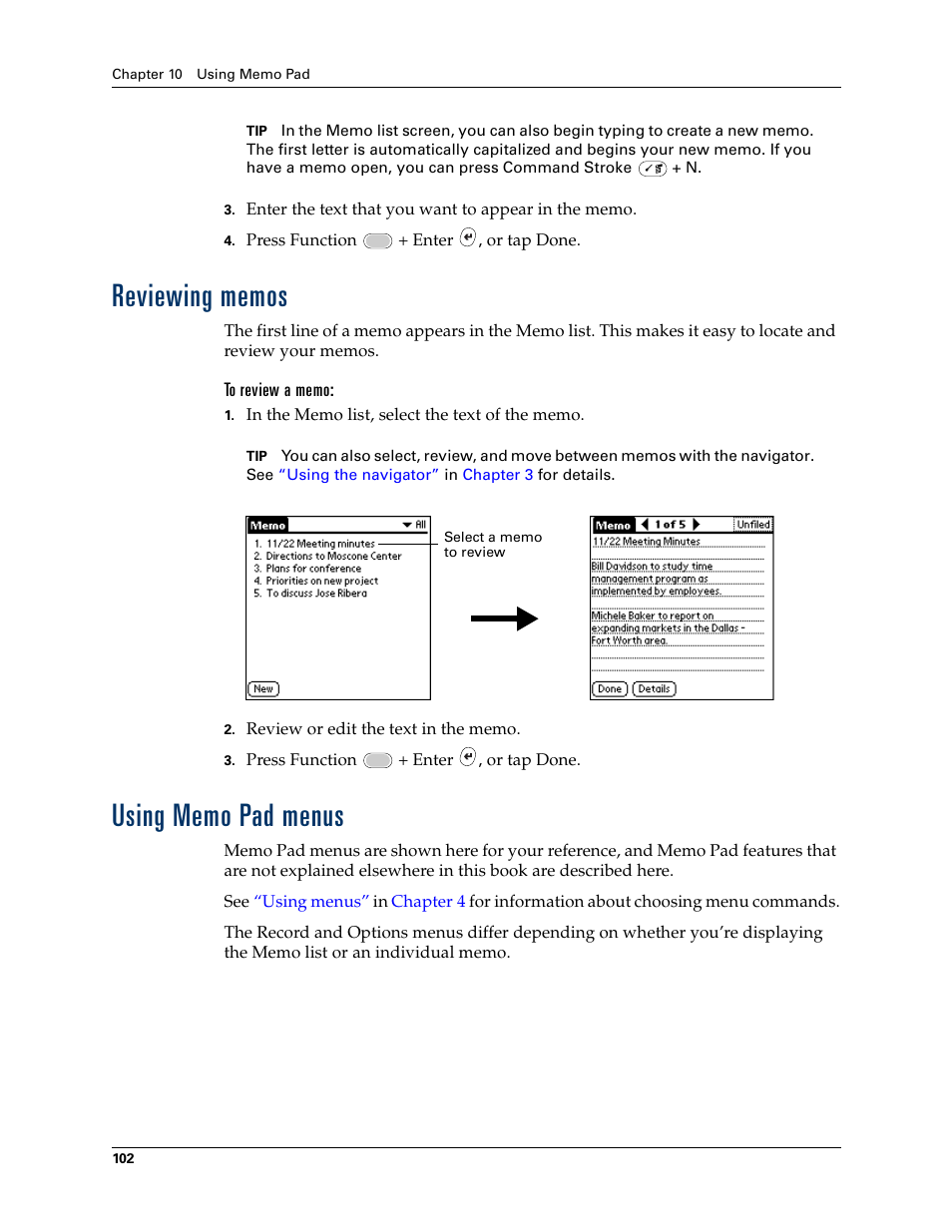 Reviewing memos, Using memo pad menus, Reviewing memos using memo pad menus | Palm Tungsten W User Manual | Page 116 / 428