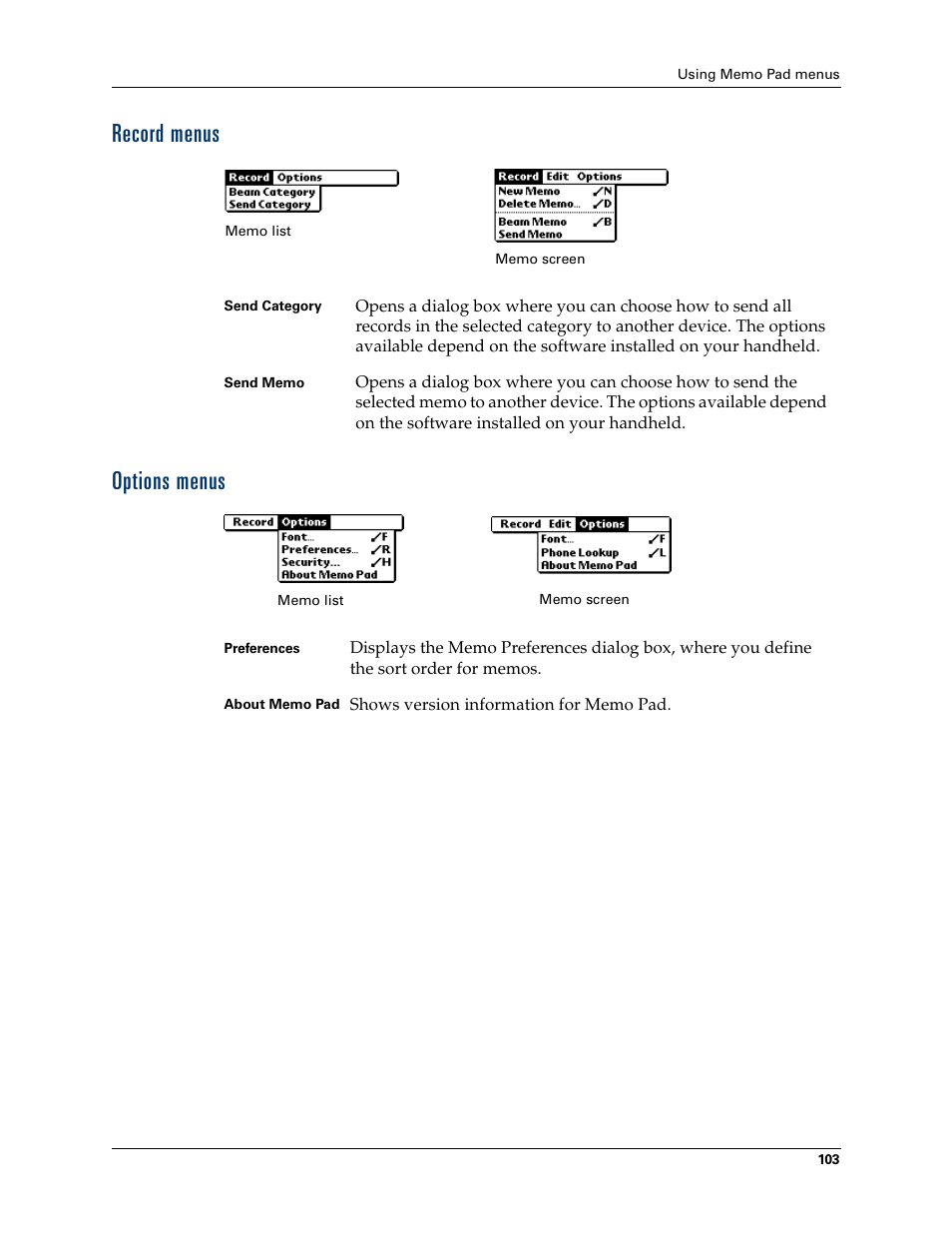 Record menus, Options menus, Record menus options menus | Palm Tungsten W User Manual | Page 117 / 428