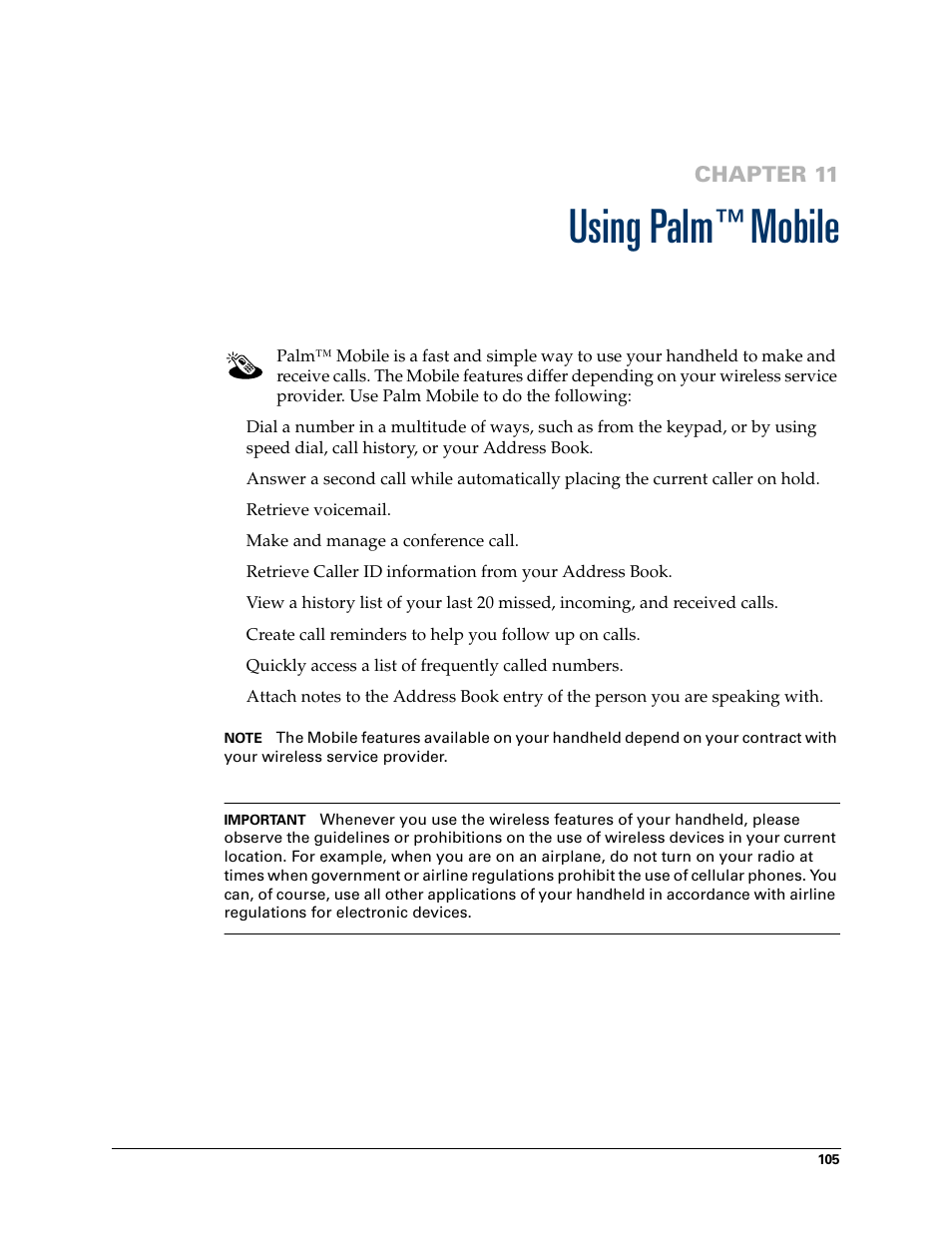 Using palm™ mobile, Chapter 11: using palm™ mobile, Using palm | Mobile, Chapter 11 | Palm Tungsten W User Manual | Page 119 / 428