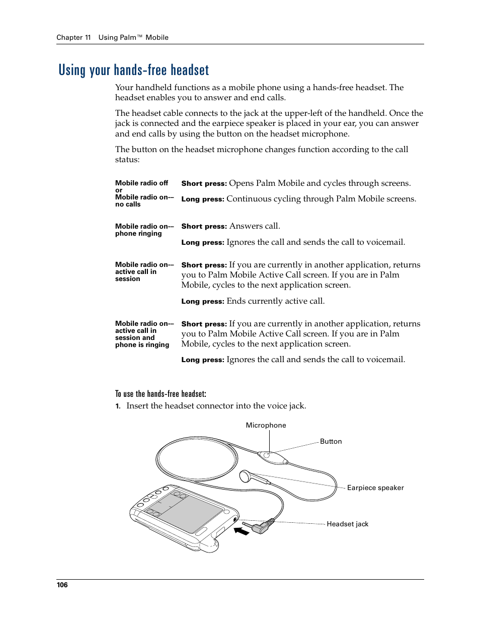 Using your hands-free headset | Palm Tungsten W User Manual | Page 120 / 428