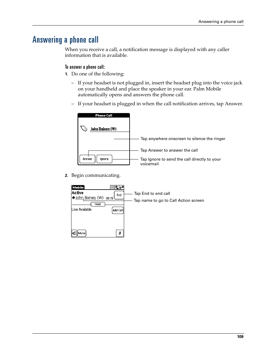 Answering a phone call | Palm Tungsten W User Manual | Page 123 / 428