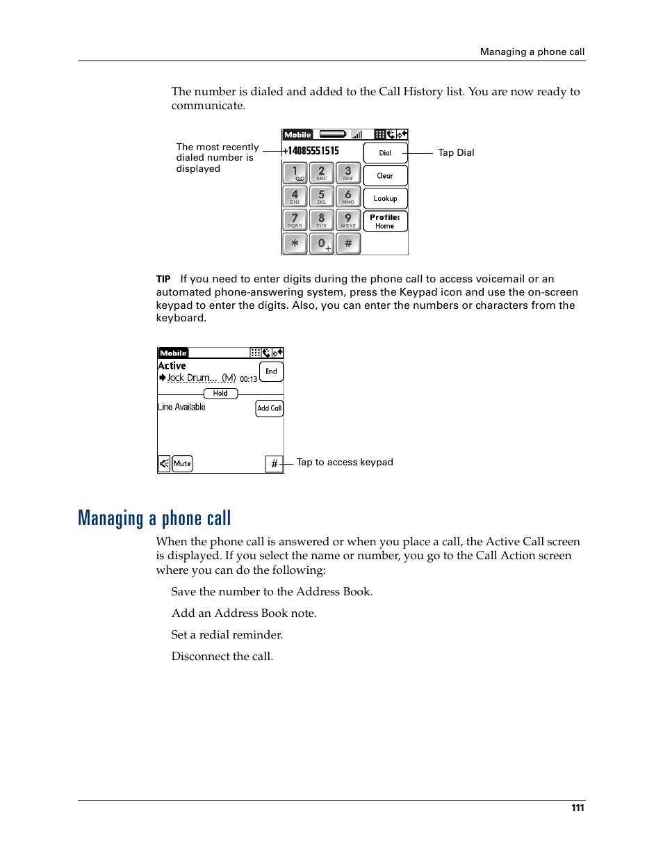 Managing a phone call | Palm Tungsten W User Manual | Page 125 / 428