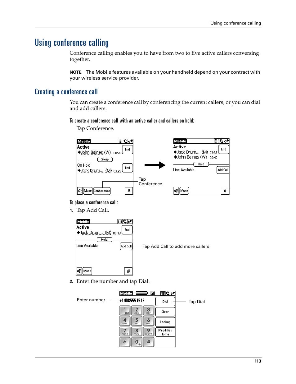 Using conference calling, Creating a conference call | Palm Tungsten W User Manual | Page 127 / 428