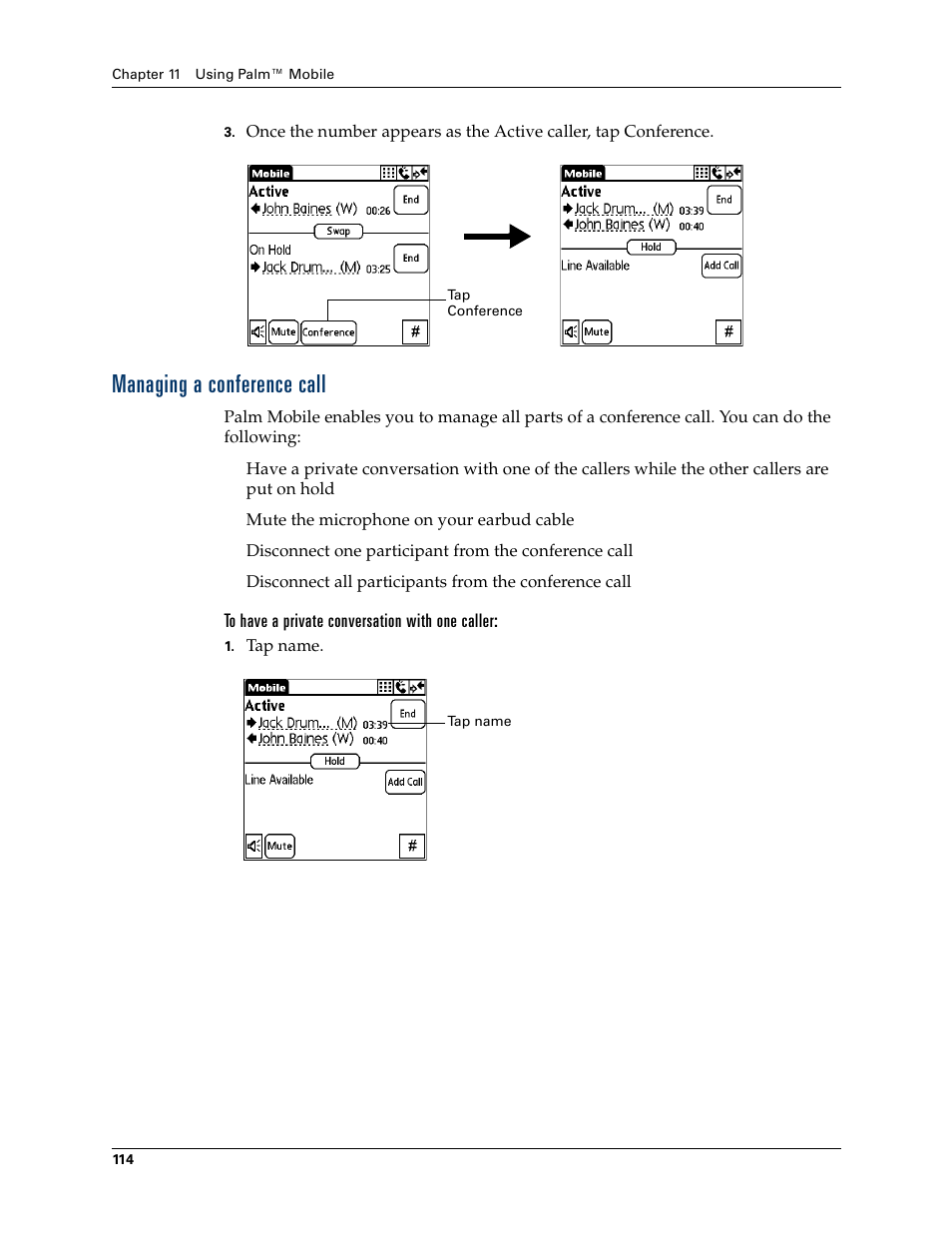 Managing a conference call | Palm Tungsten W User Manual | Page 128 / 428