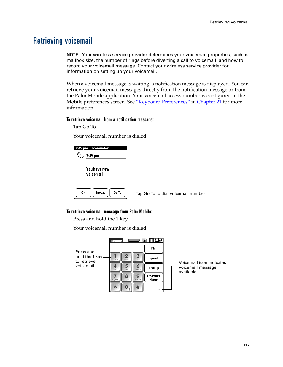 Retrieving voicemail | Palm Tungsten W User Manual | Page 131 / 428