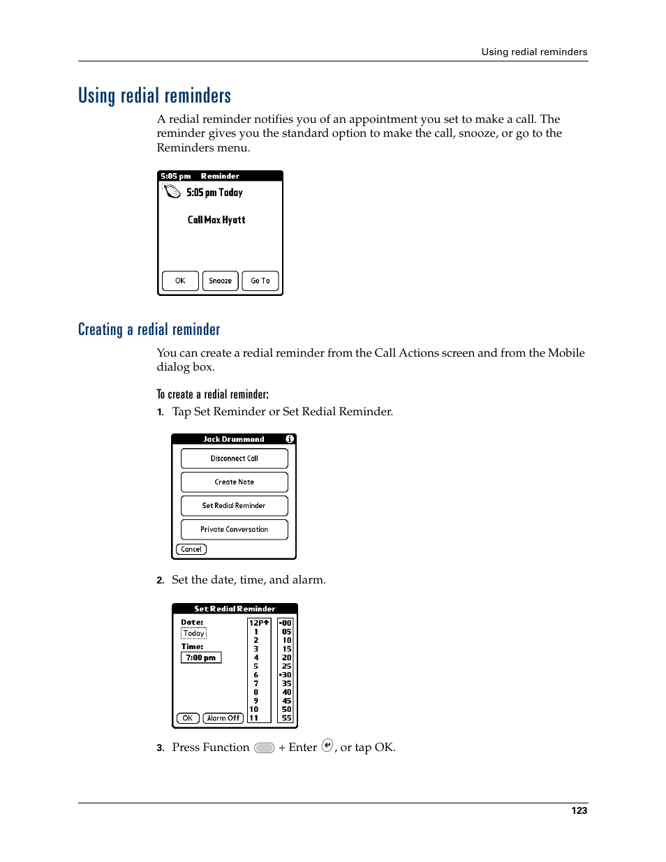 Using redial reminders, Creating a redial reminder | Palm Tungsten W User Manual | Page 137 / 428