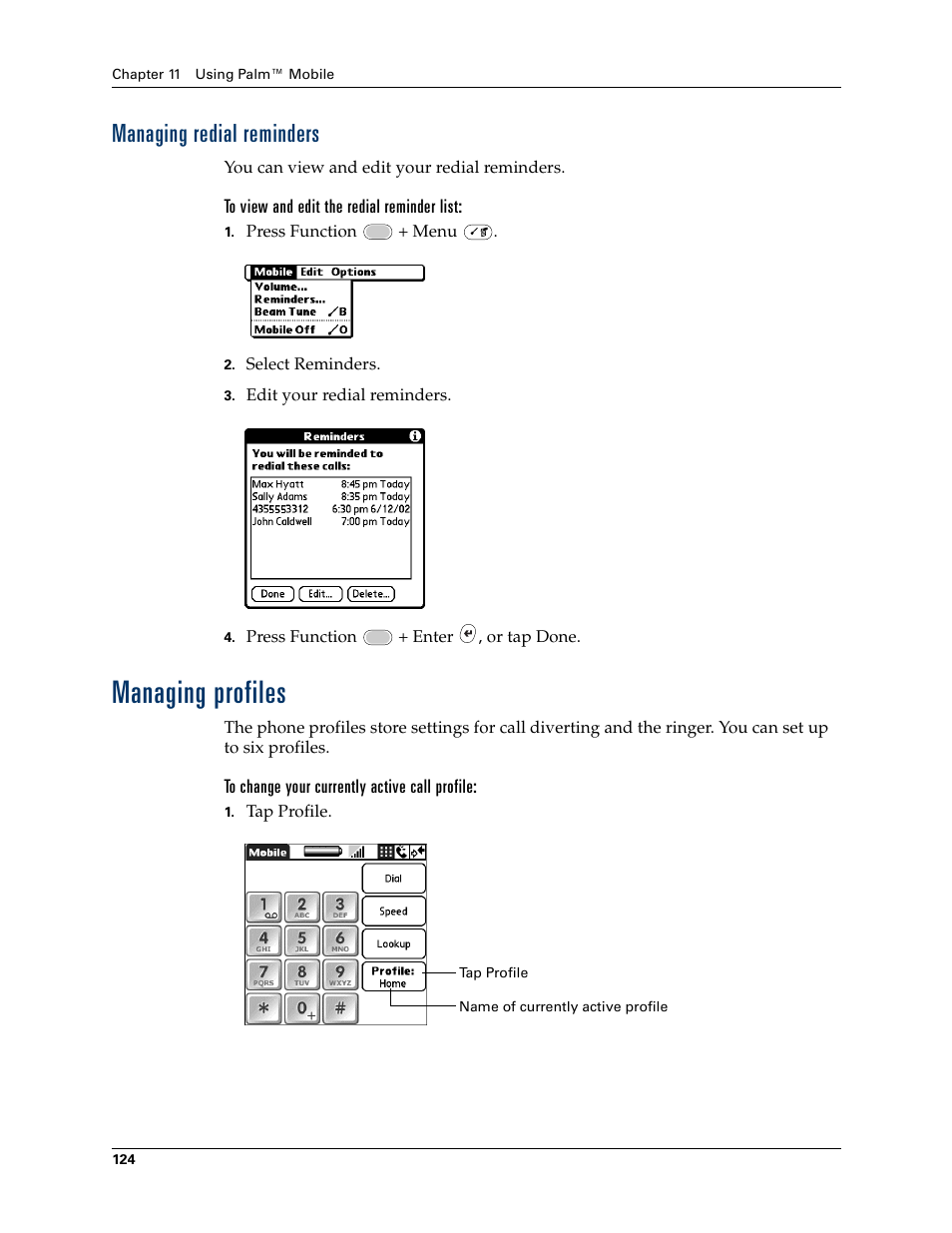 Managing redial reminders, Managing profiles | Palm Tungsten W User Manual | Page 138 / 428