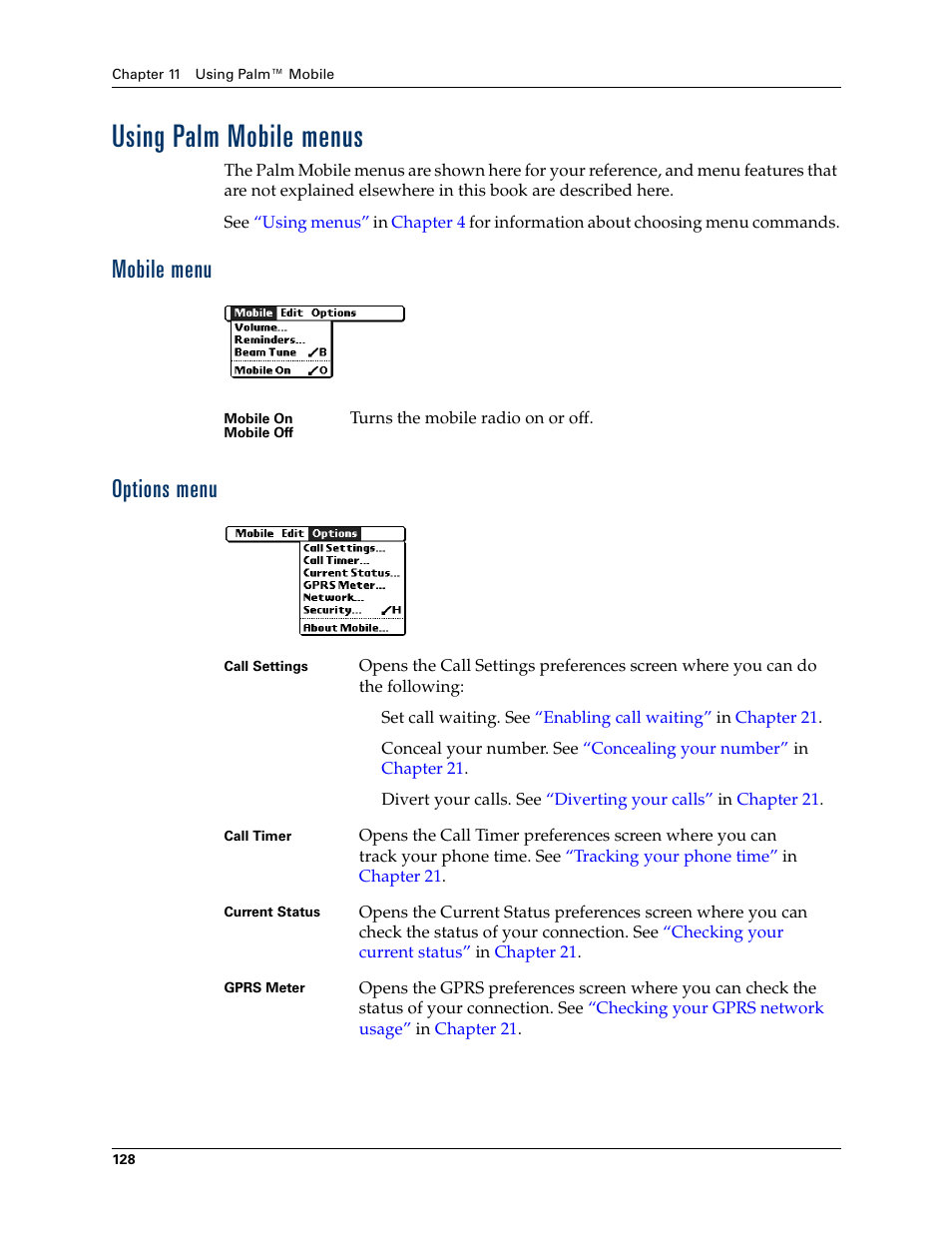 Using palm mobile menus, Mobile menu, Options menu | Mobile menu options menu, Checking off a to do list item | Palm Tungsten W User Manual | Page 142 / 428