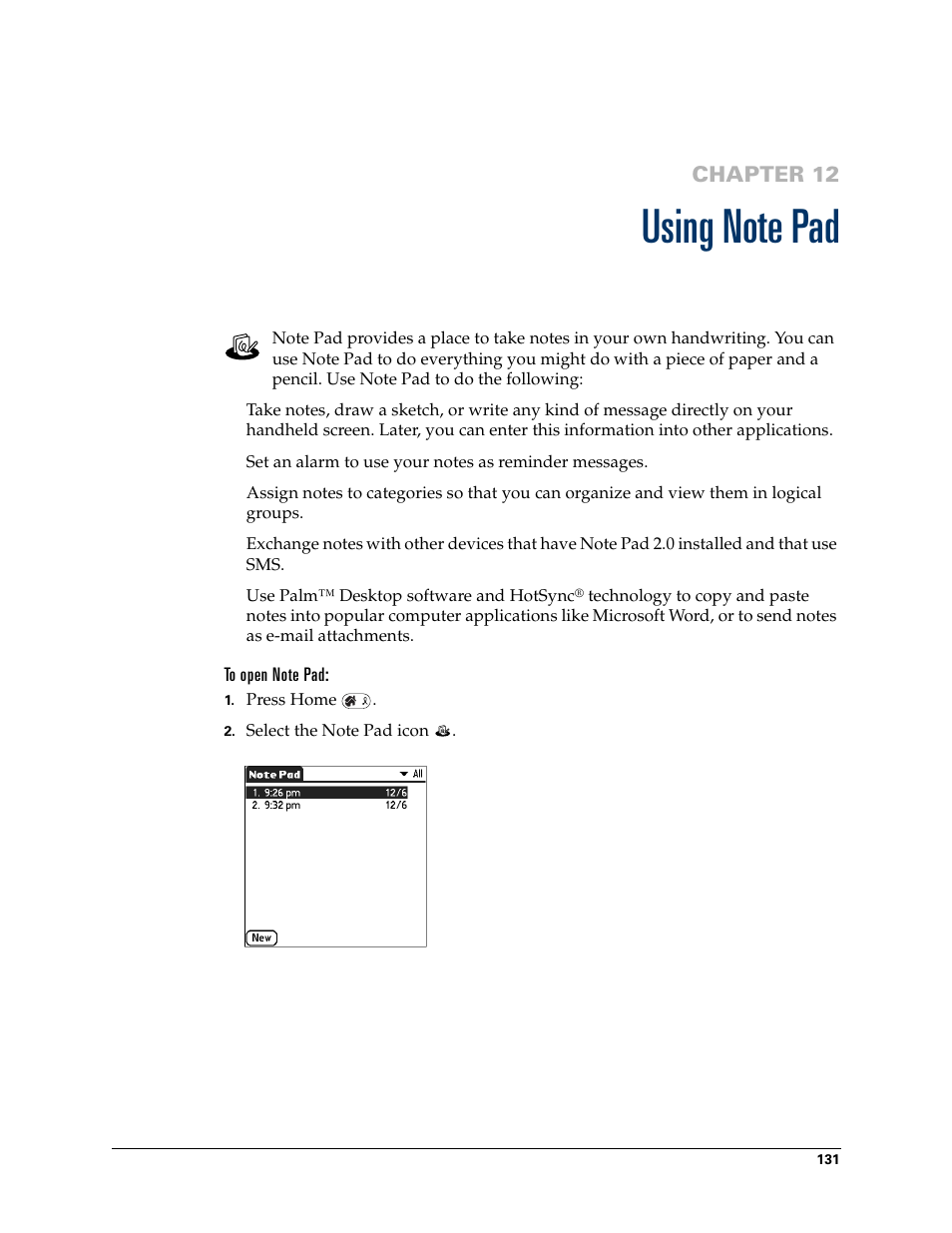 Using note pad, Chapter 12: using note pad, Chapter 12 | Palm Tungsten W User Manual | Page 145 / 428