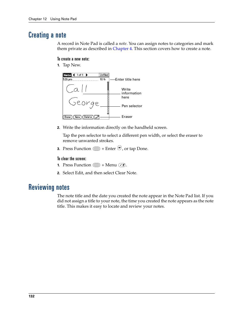 Creating a note, Reviewing notes, Creating a note reviewing notes | Palm Tungsten W User Manual | Page 146 / 428