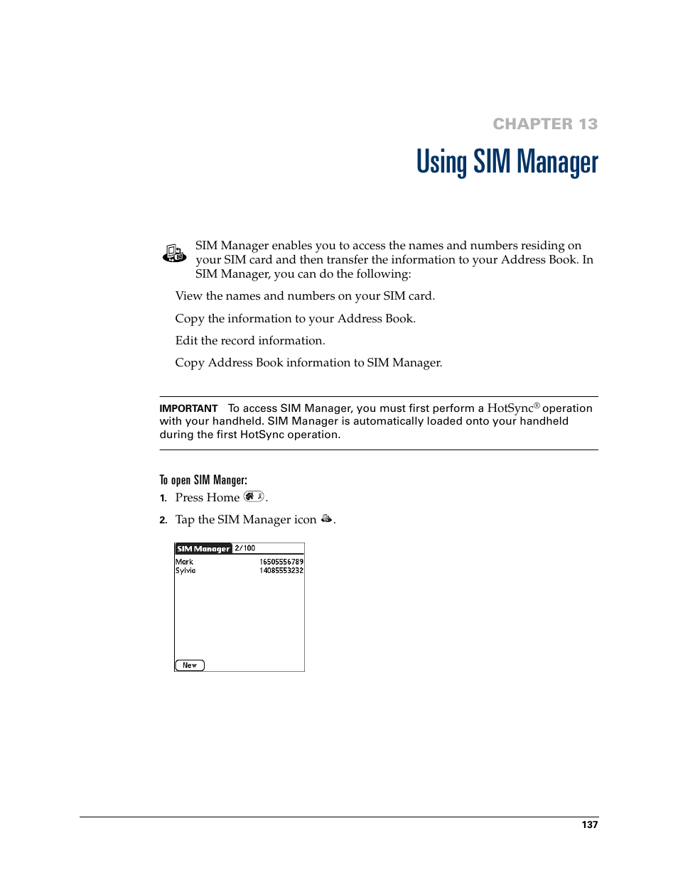 Using sim manager, Chapter 13: using sim manager, Chapter 13 | Palm Tungsten W User Manual | Page 151 / 428