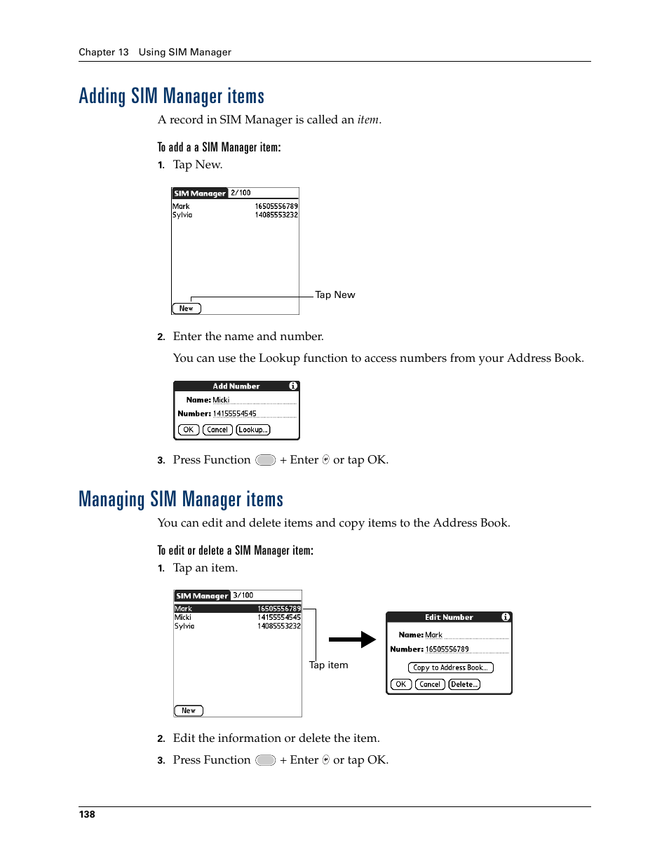 Adding sim manager items, Managing sim manager items | Palm Tungsten W User Manual | Page 152 / 428