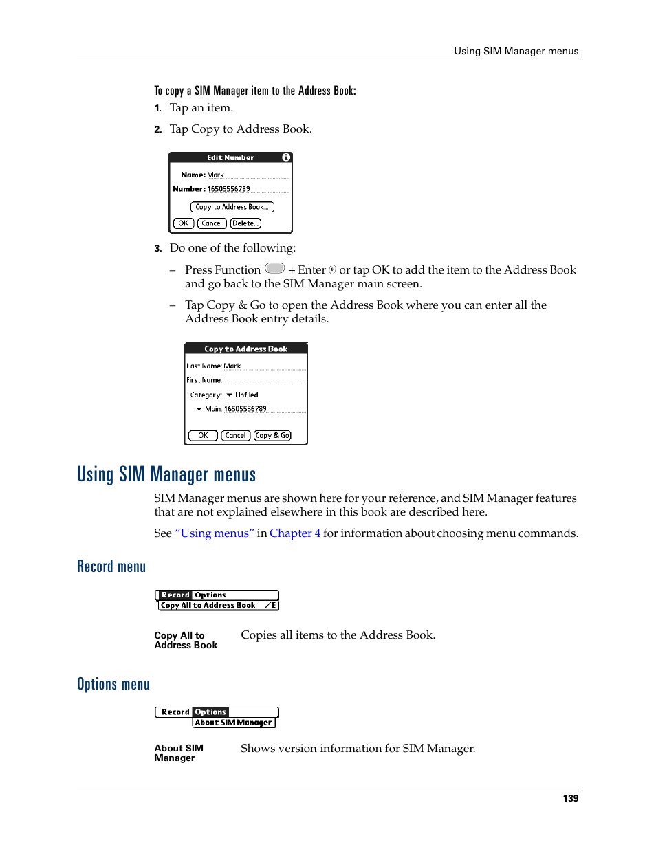 Using sim manager menus, Record menu, Options menu | Record menu options menu | Palm Tungsten W User Manual | Page 153 / 428